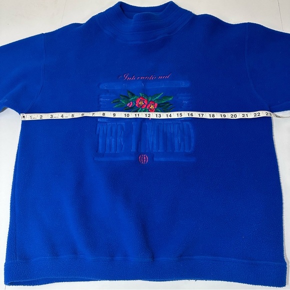 Vtg 80s Limited Fleece Pullover Blue Embroidered Floral Stamped Logo - Picture 4 of 7